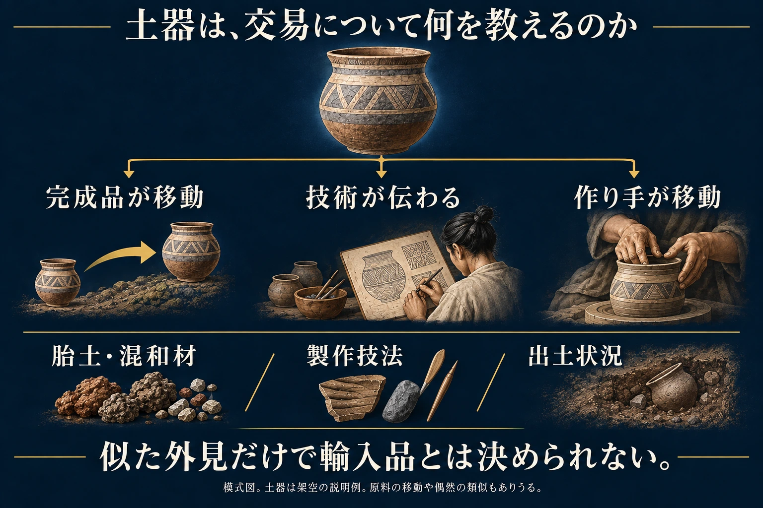 似た土器が離れた場所にある理由として完成品、技術、作り手の移動を比較する概念図