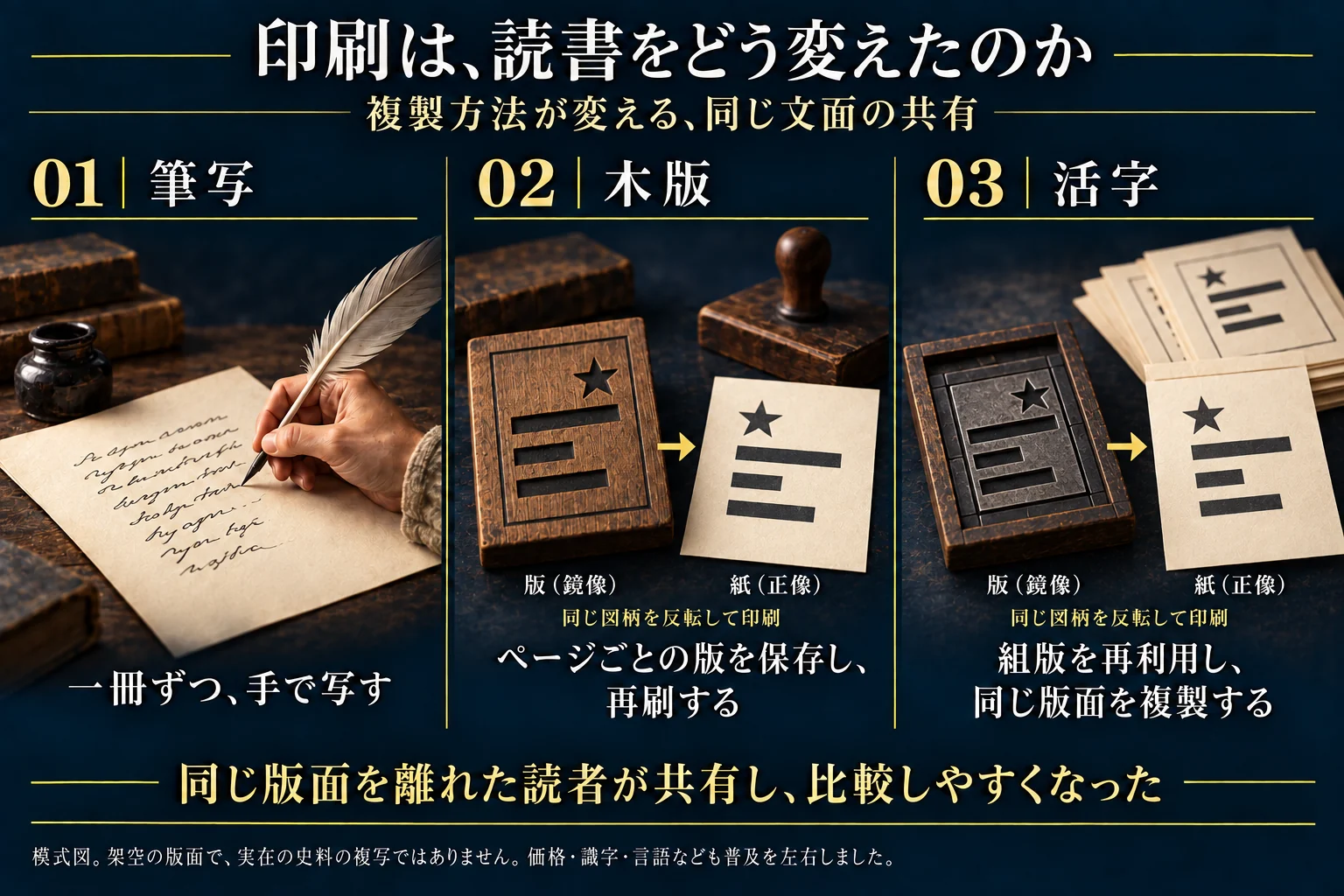 筆写・木版・活字の制作方式と同一版面共有の可能性を比較する歴史概念図