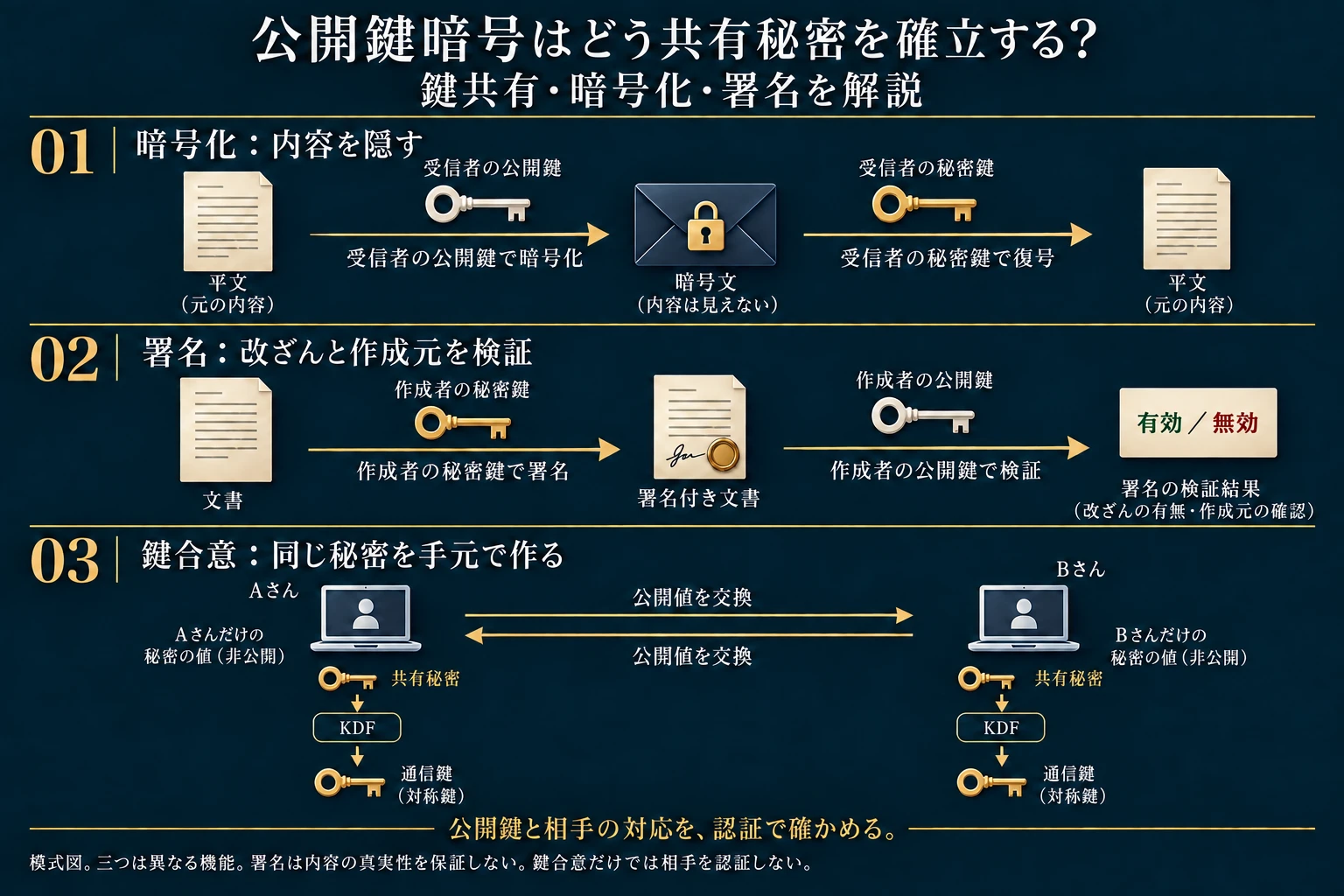 模式図。暗号化は受信者の公開鍵で行い、受信者の秘密鍵で復号する。