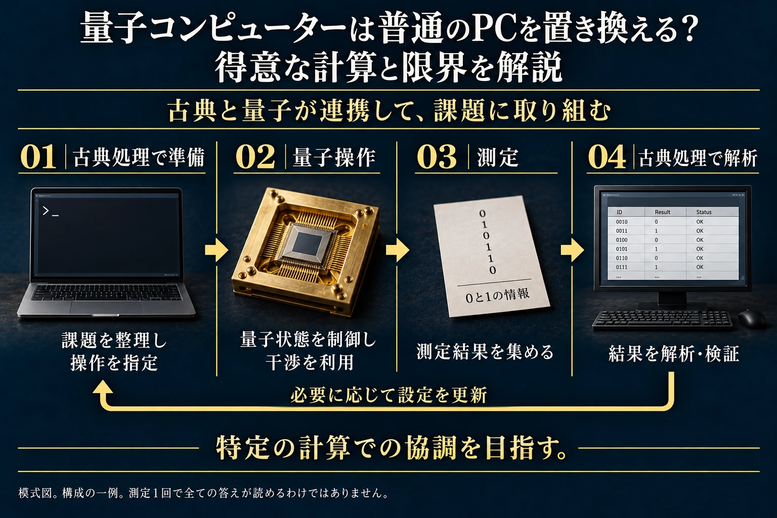 古典準備→量子操作→測定→古典解析と必要時の設定更新。