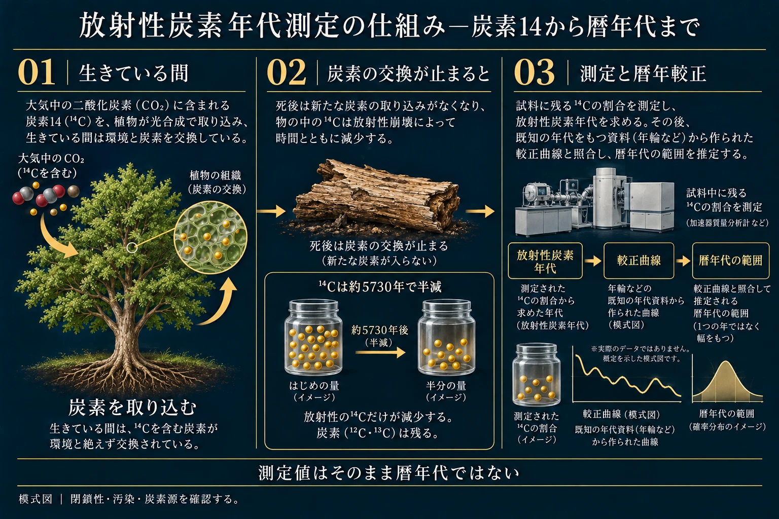 生体への14C取り込み、交換停止後の半減、測定年代から暦年代範囲への較正を示す図