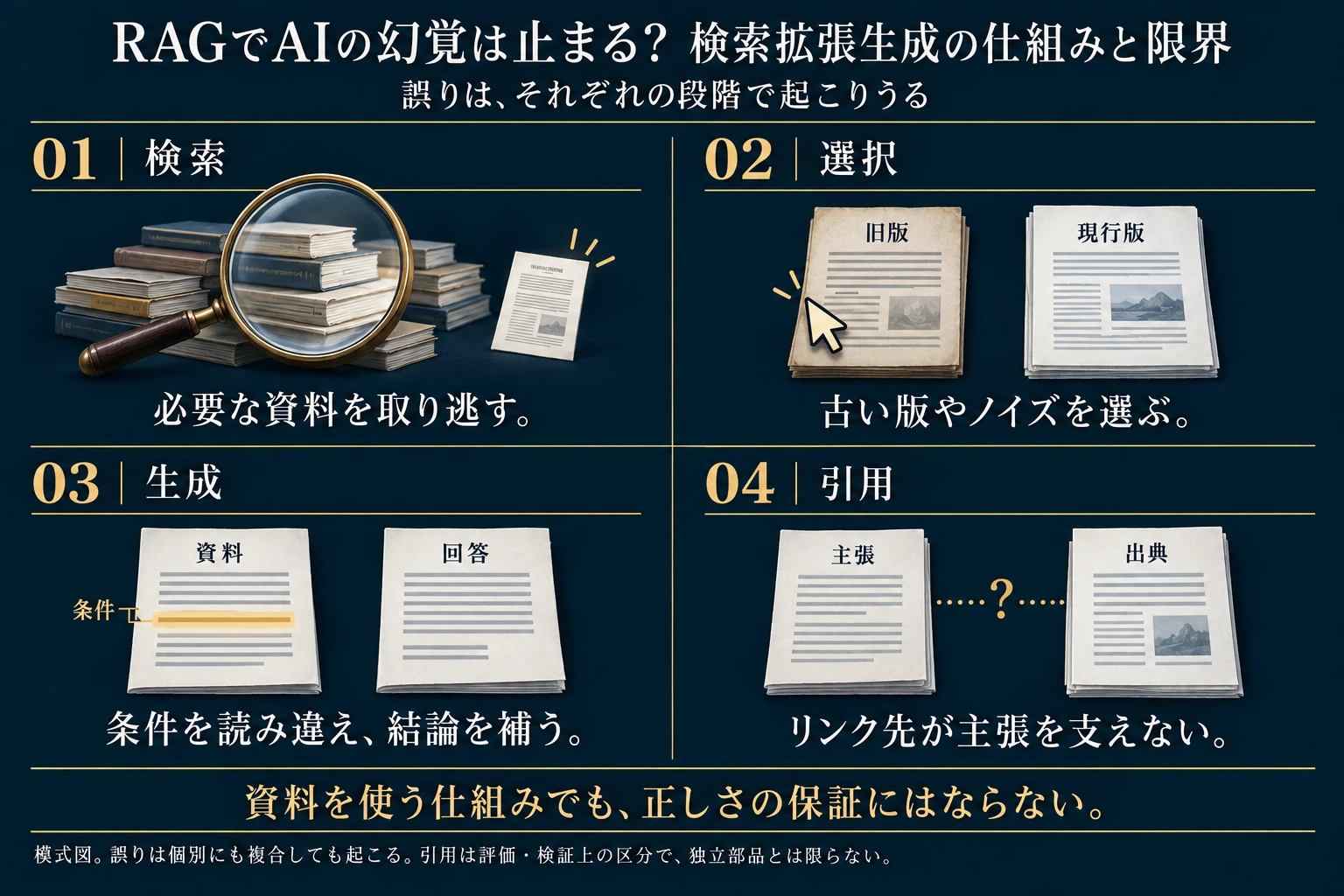 模式図。検索の取り逃し、選択での旧版・ノイズ混入、生成時の条件の読み違いや根拠を超えた補完、引用元と主張の不一致を並列に示す。