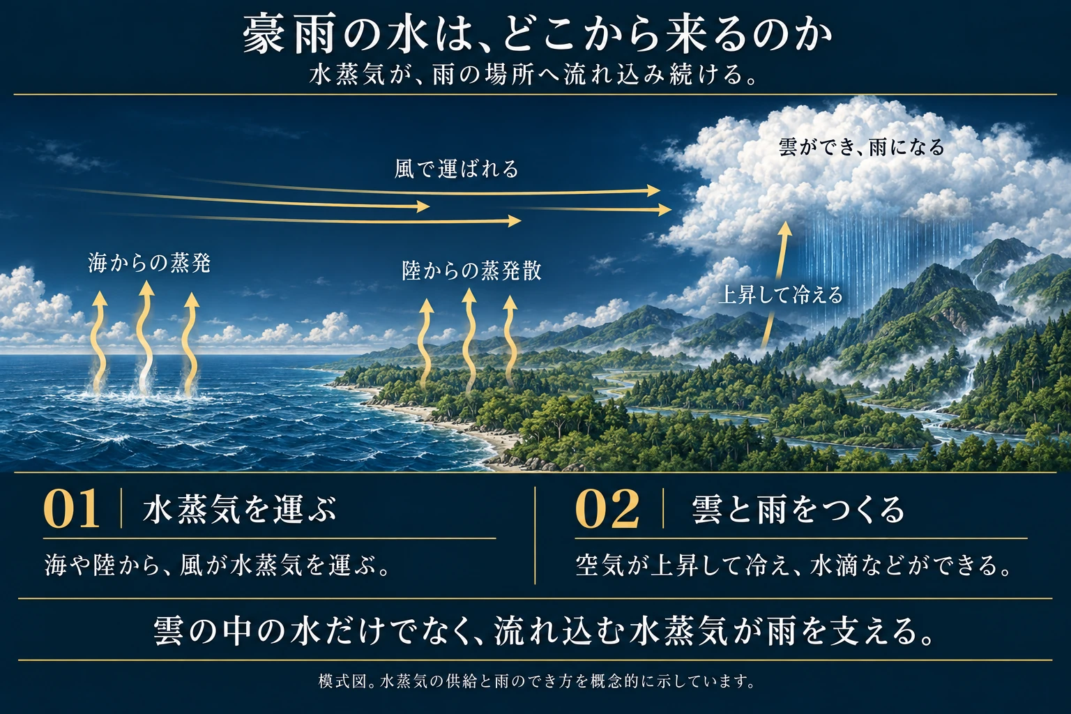 海からの蒸発や陸からの蒸発散で供給される水蒸気を、風が雨の場所へ運びます。
