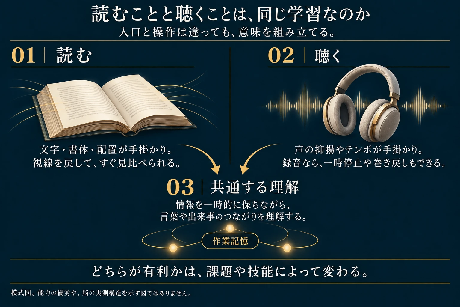 読む場合は文字や配置、聴く場合は抑揚やテンポが手掛かりになります。文字は視線を戻して見比べられ、録音音声は一時停止や巻き戻しができます。