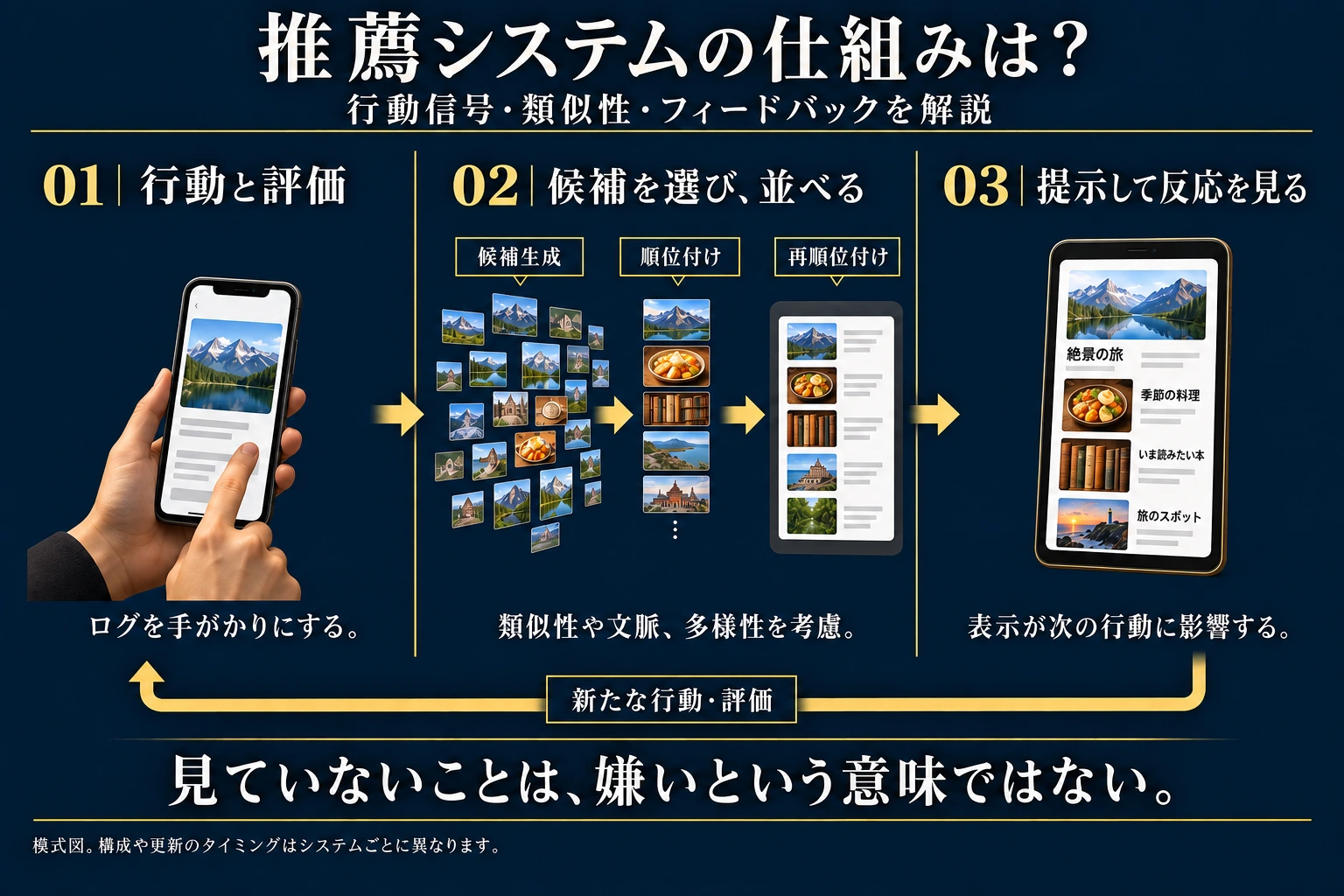 行動や評価を手掛かりに候補を生成し、順位付けと調整を経て表示し、その後の反応が次の推薦に関わる循環の模式図
