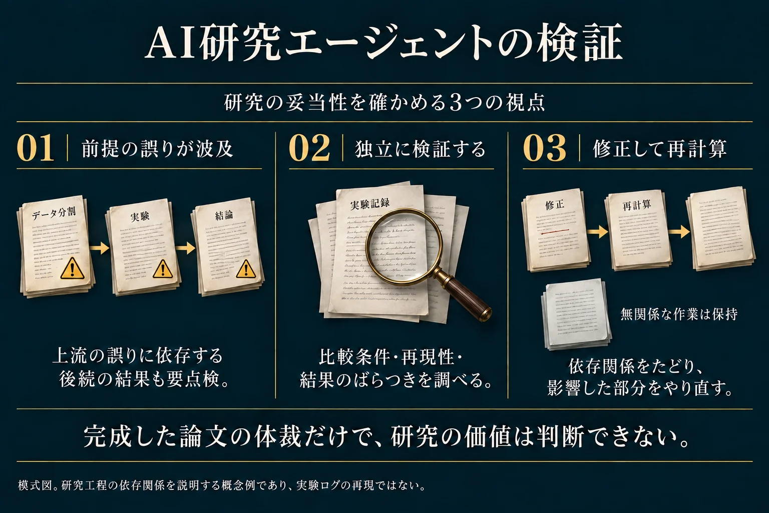 研究の妥当性を点検する概念図。前提の誤りの波及、独立した検証、影響範囲に応じた修正と再計算の三つを示す
