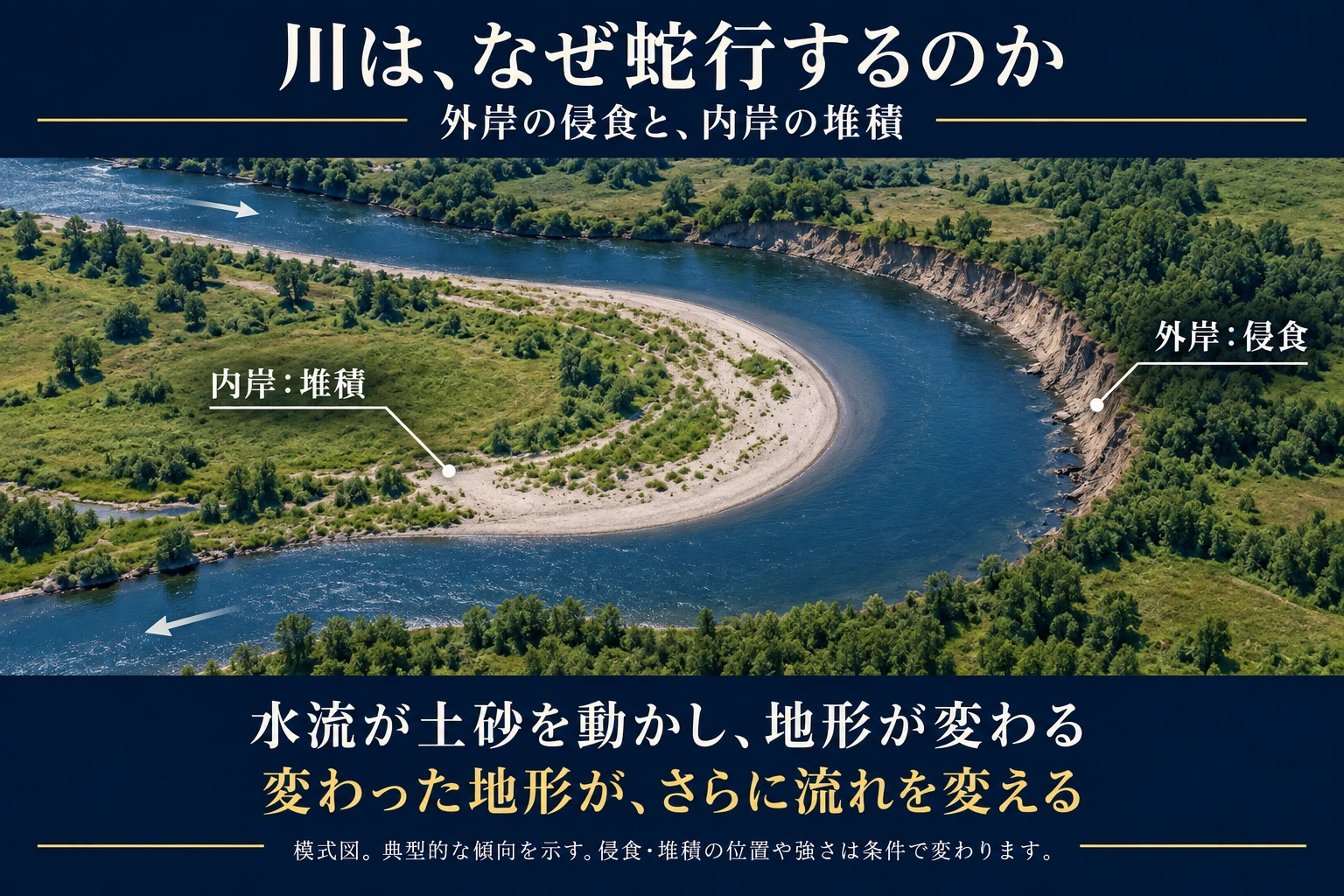 蛇行する川を上から見て、外岸の侵食側と内岸の堆積側を比較する模式図