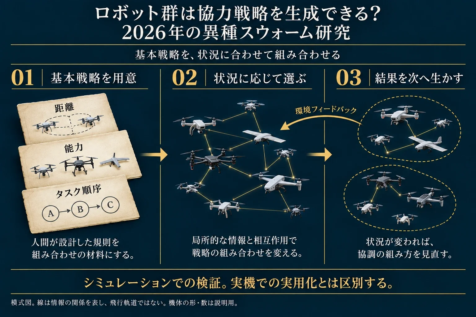 人間が設計した基本戦略を材料に、ロボット群が状況に応じて協調方法を選び、結果を受けてサブグループを再編成する循環の模式図