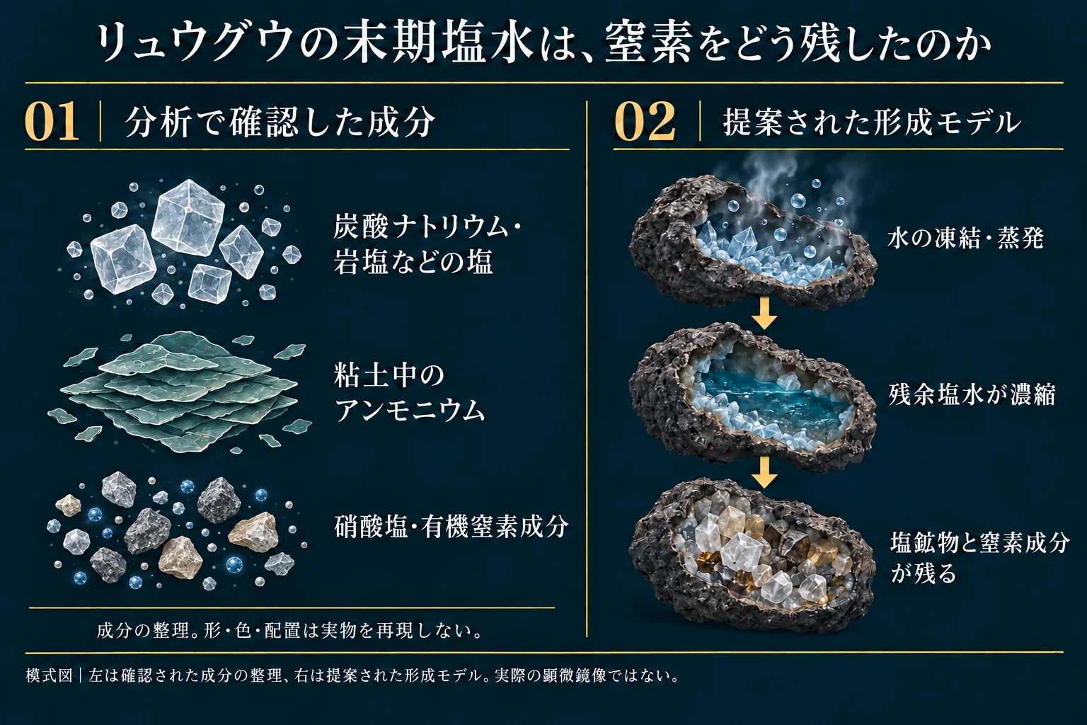 リュウグウ試料で報告された塩・粘土中のアンモニウム・窒素成分を、提案された末期塩水濃縮モデルと区別した模式図