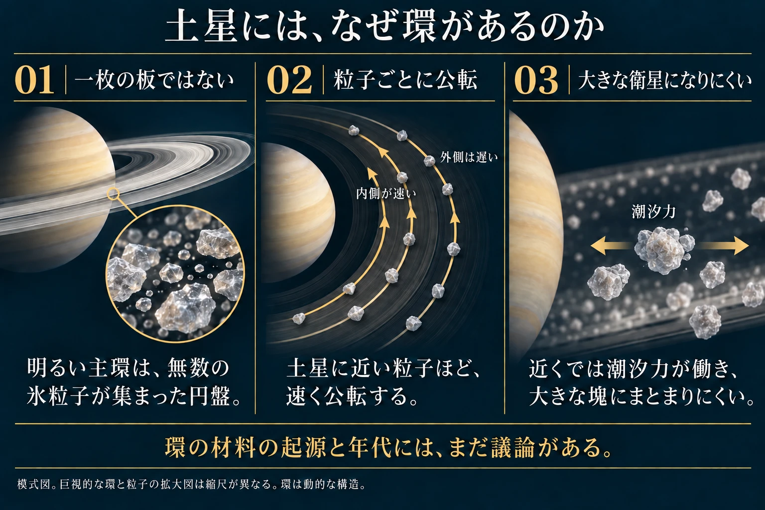 土星の環が多数の粒子からなり、内側ほど速く公転し、潮汐力で大きな衛星に成長しにくいことを示す三段階の模式図