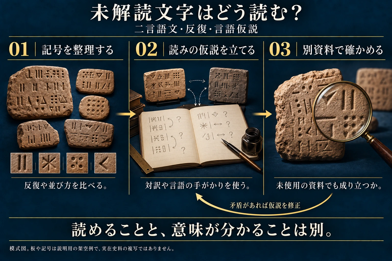 反復と配列を整理し、対訳や言語の手がかりから読みを仮定し、仮説づくりに使わなかった別資料で成立するか確かめる。