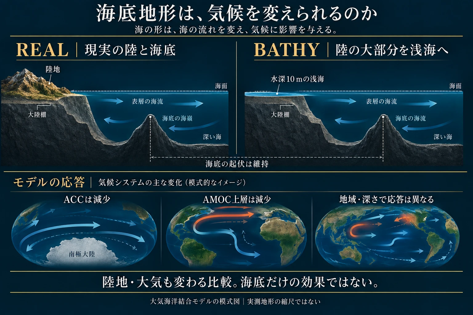 REALでは陸が海面上にあり、BATHYでは大部分を水深10mの浅海に置き換える。深海底の同じ海嶺を両条件に描き、ACCとAMOC上層の減少を結果として示す。