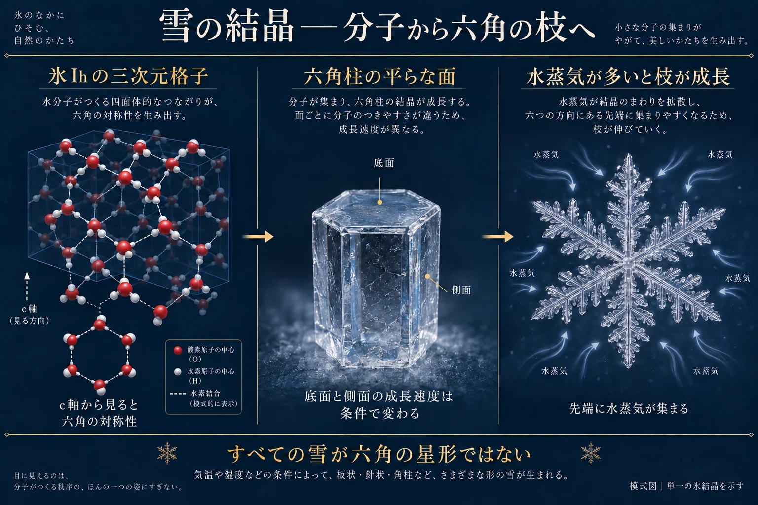 氷Ih格子の三次元配列とc軸投影、六角柱のファセット、先端へ水蒸気が供給される六腕の樹枝状成長を示す模式図。