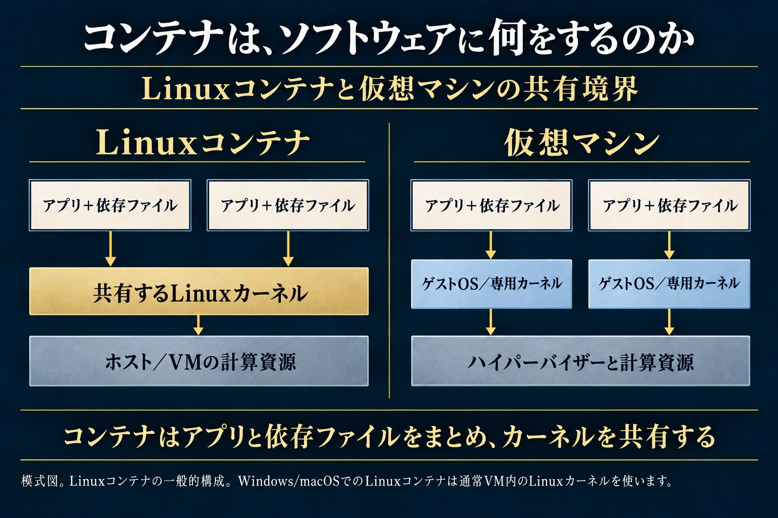 Linuxコンテナの共有カーネルと仮想マシンの別個のゲストカーネルを対比する構造図