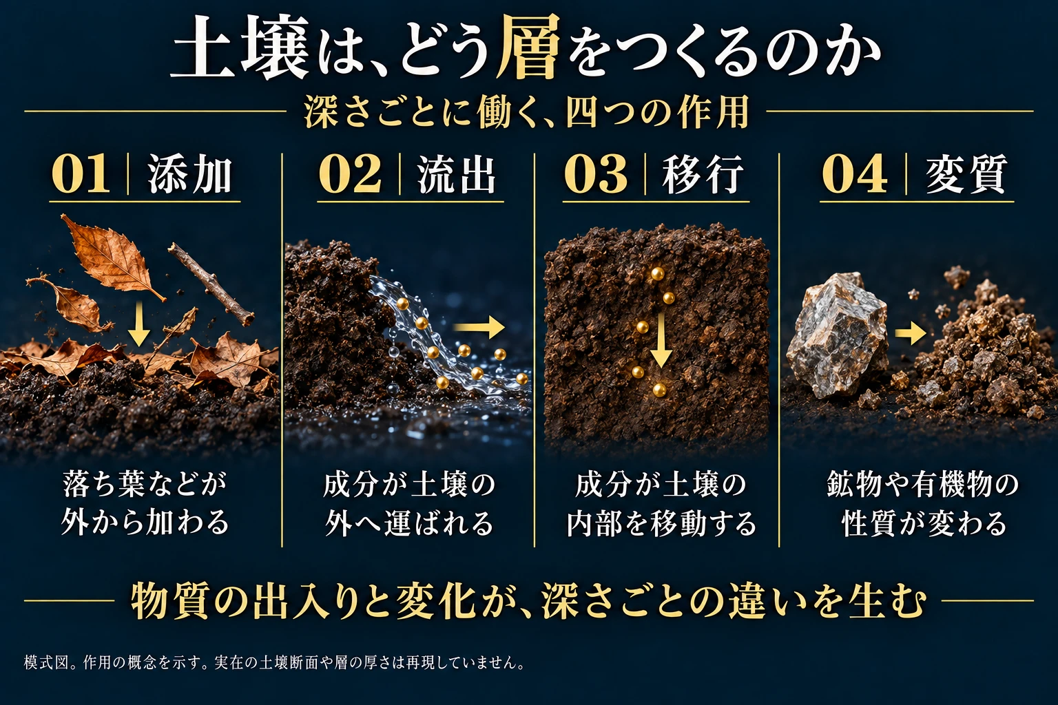 土壌形成の添加、流出、内部移行、変質という四つの作用を比較する模式図
