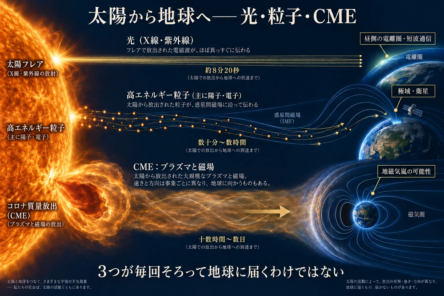 放出から地球到達までを共通起点とし、電磁波、太陽高エネルギー粒子、磁場を伴うCMEの伝播時間・経路・影響領域を分けた模式図。