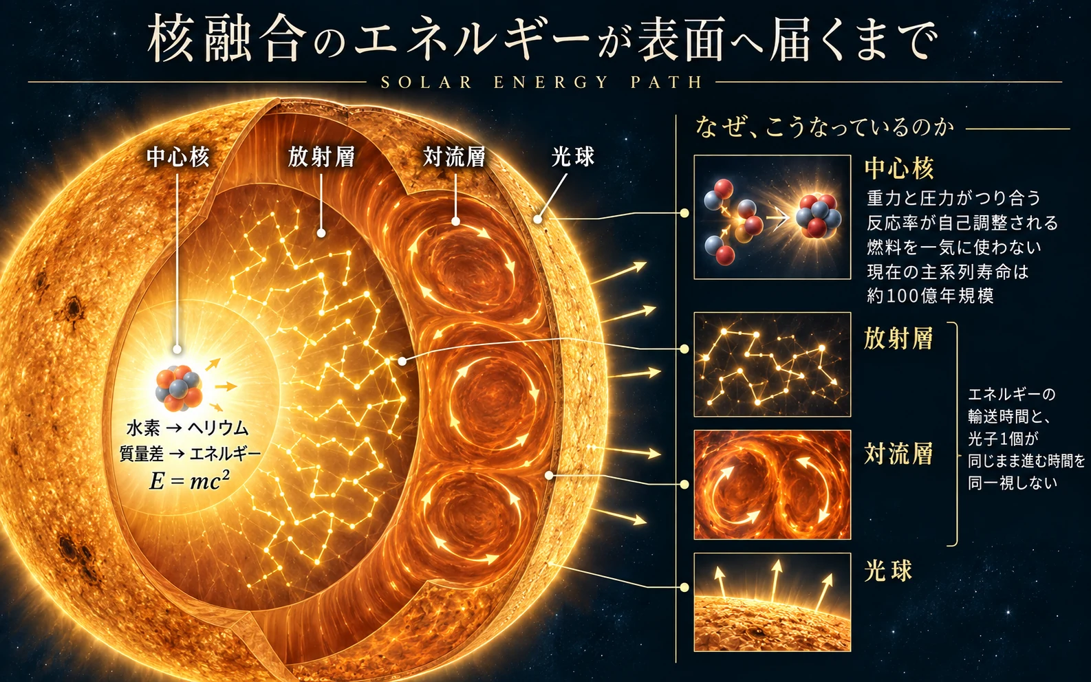 太陽の核融合と重力に抗する内部の圧力を説明する模式図