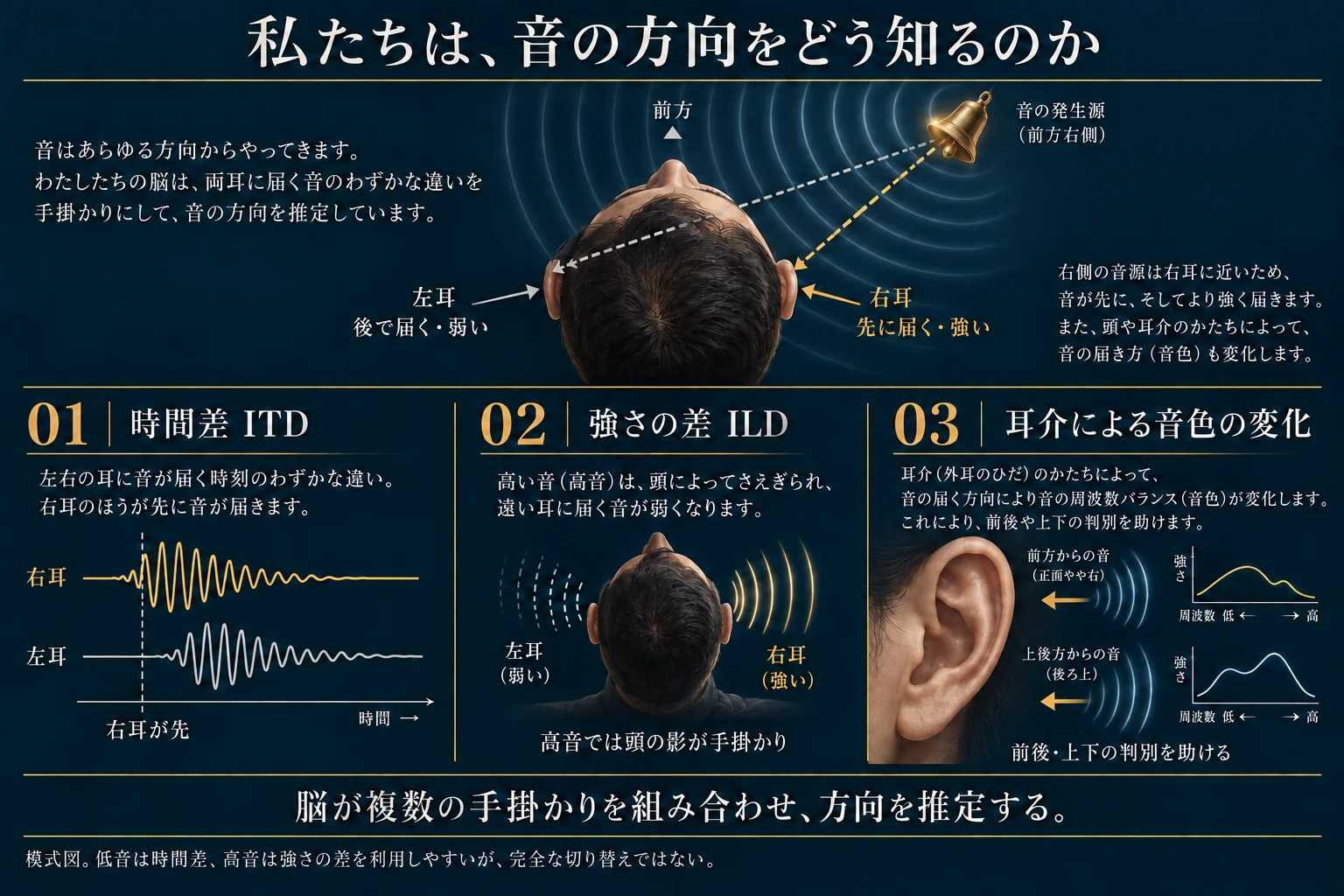 右前方の音源を例に、右耳先行の両耳間時間差、頭の影による高音の強度差、耳介の反射による前後・上下の音色の差を示す。