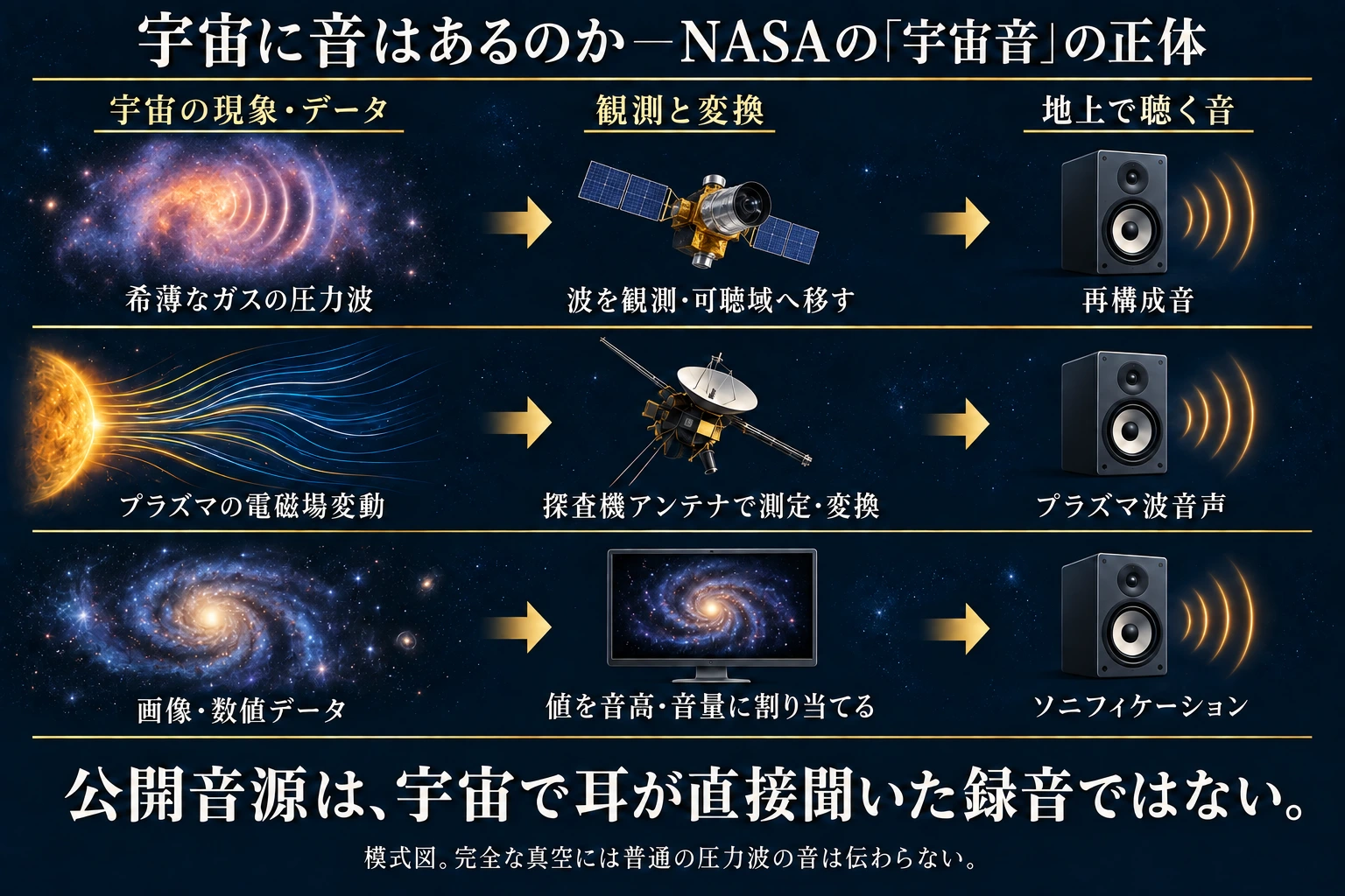 希薄なガス内の物理的な圧力波を観測し可聴域へ移した再構成音、プラズマの電磁場変動を探査機で測定して音響信号へ変換した音、天体の画像・数値データを音高や音量へ割り当てたソニフィケーションを別々の行に示す。右端のスピーカーは地上で聴く音を表す。いずれも宇宙で人の耳が直接聴いた録音ではなく、完全な真空には通常の圧力波としての音は伝わらない。