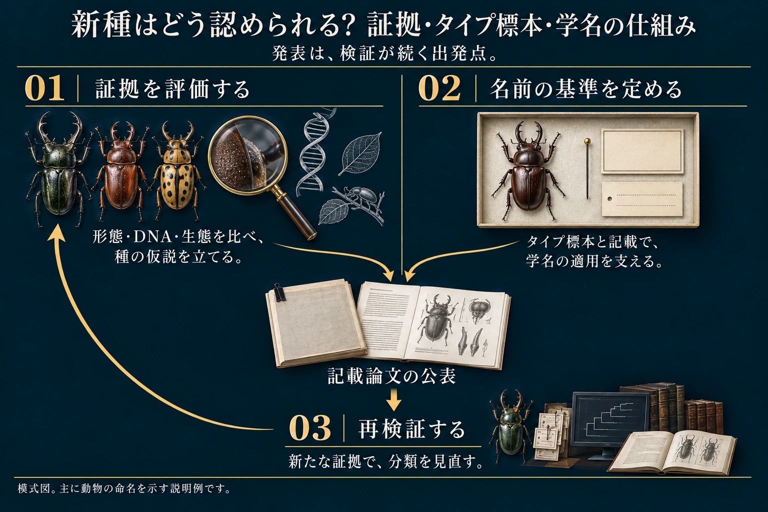 形態・DNA・生態から種の仮説を立てる生物学的評価と、タイプ標本・記載によって名前の適用を支える手続きは区別される。