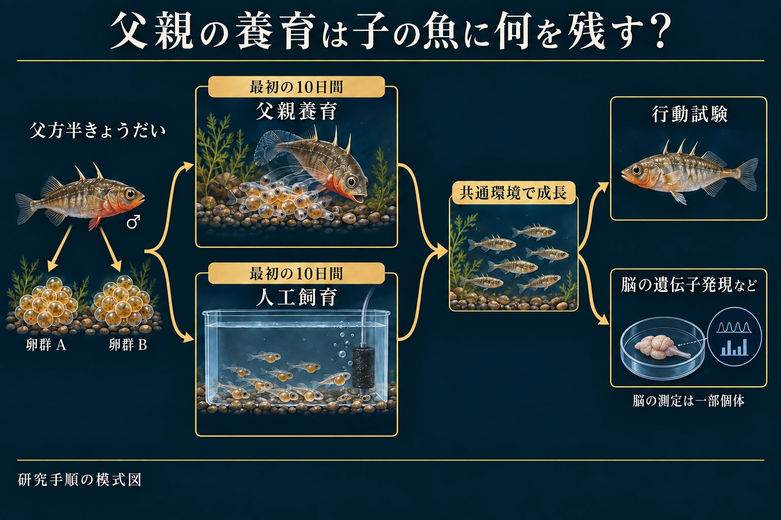 父方半きょうだいを2条件で最初の10日間飼育し、共通環境後に成体の行動と一部の脳組織を測る研究設計。