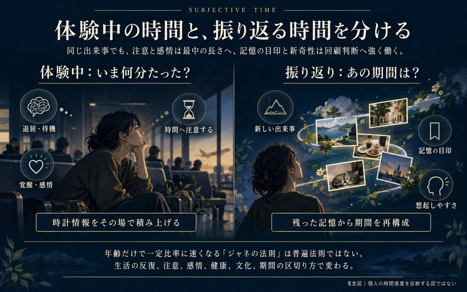 体験中に感じる時間の速さと後から思い出して判断する長さを分ける概念図