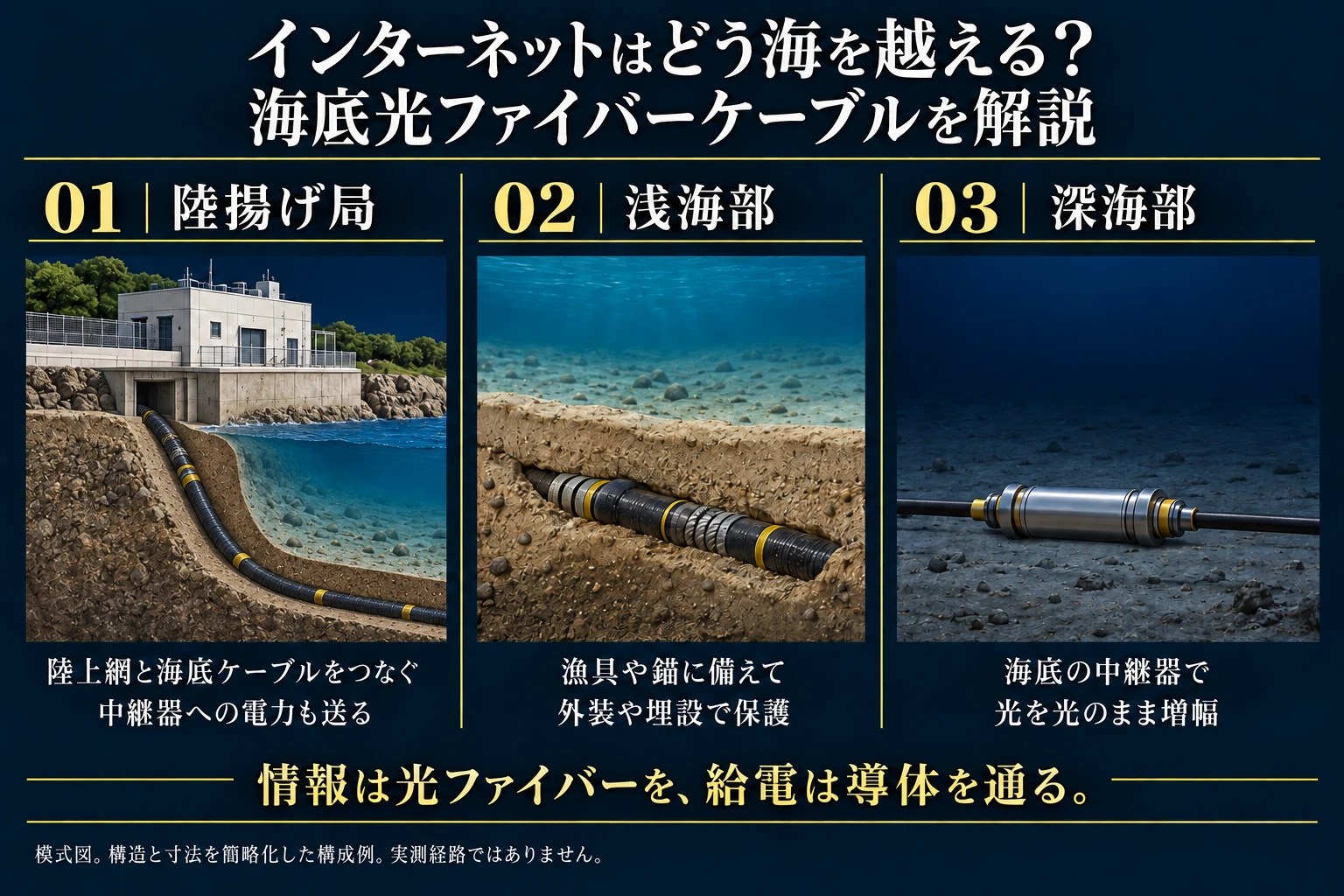 陸揚げ局、浅海で保護される区間、深海の中継器という海底ケーブルの代表的構造を比較する図