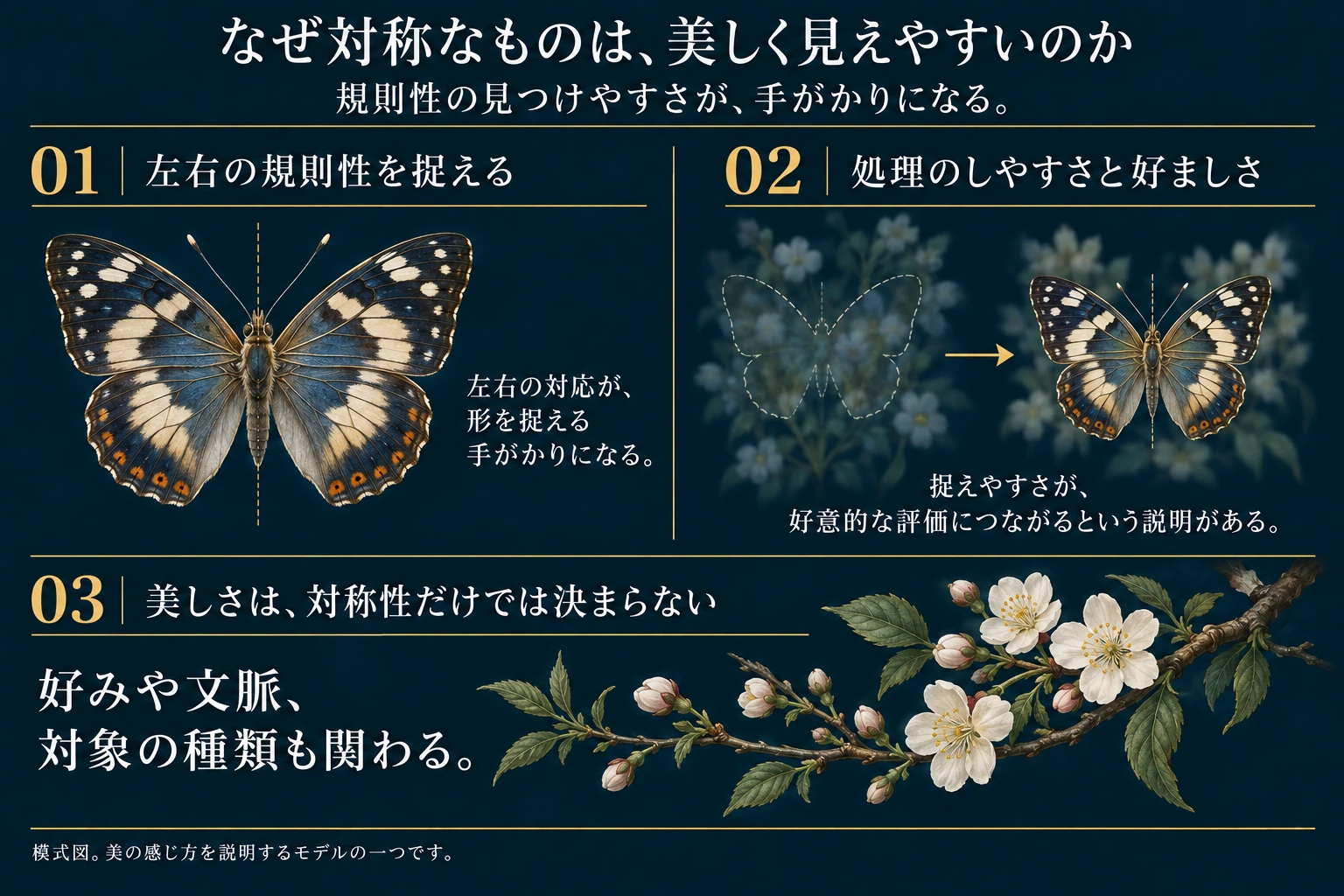 蝶を例に左右の対応の捉えやすさを示し、処理のしやすさと好意的評価を関連づける説明モデル、および対象や文脈による違いを整理した模式図。