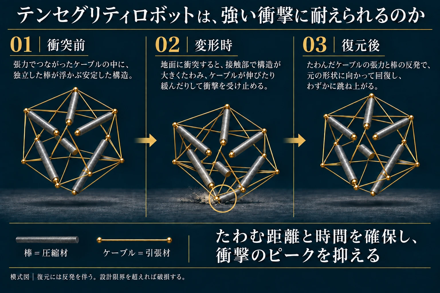 汎用の多面体テンセグリティを、衝突前・変形時・復元後の三状態で比較。接地部に大きな変形が生じることと、圧縮材・引張材の役割を区別する。