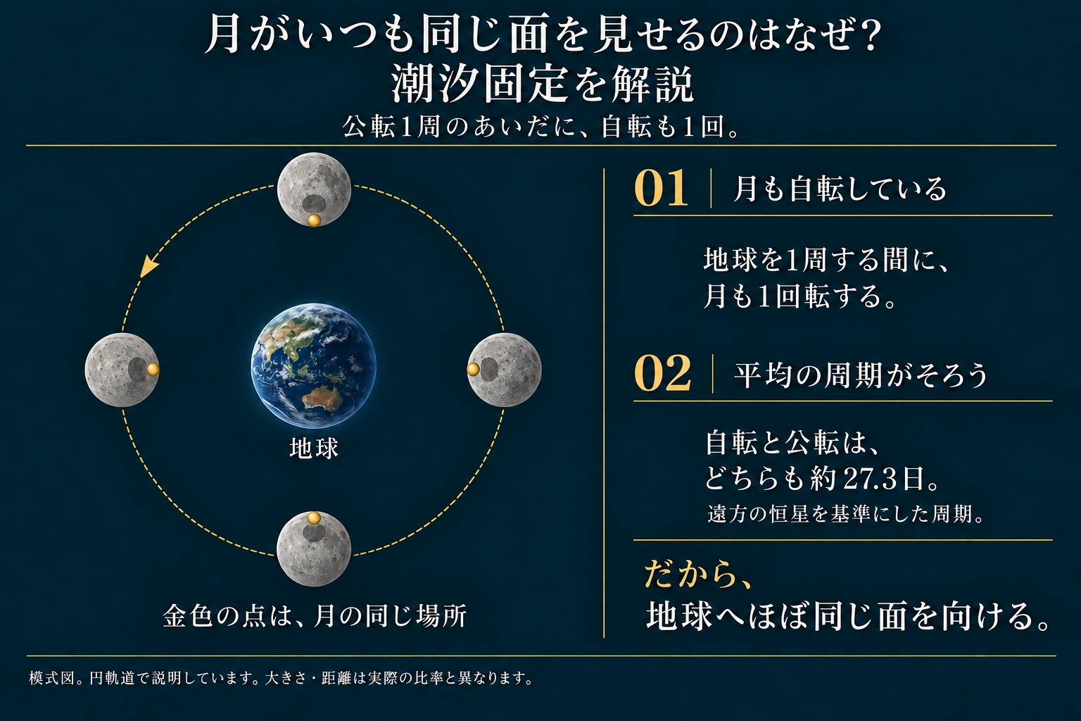 月は地球を1周する間に自転も1回するため、地球へほぼ同じ面を向けます。4つの月は異なる軌道位置での同じ月を表し、金色の目印は月面の同じ場所を示します。