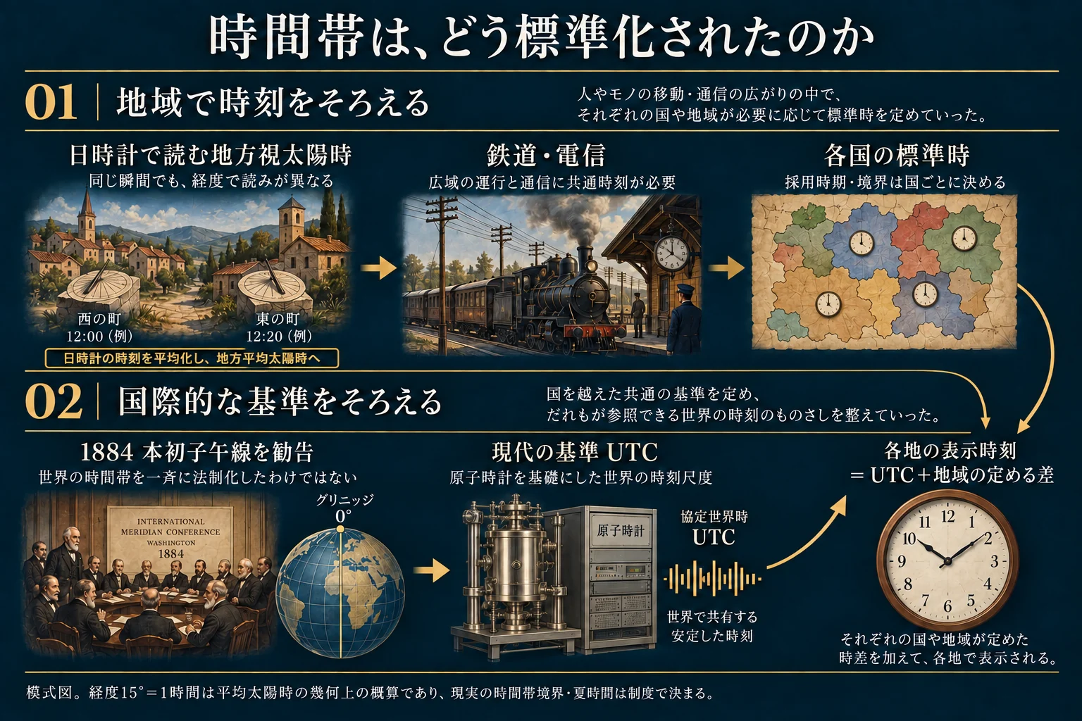 地方平均太陽時、19世紀の鉄道と電信、1884年の本初子午線・万国日の勧告、各国が決める時間帯と現代のUTCを二つの流れで示す。