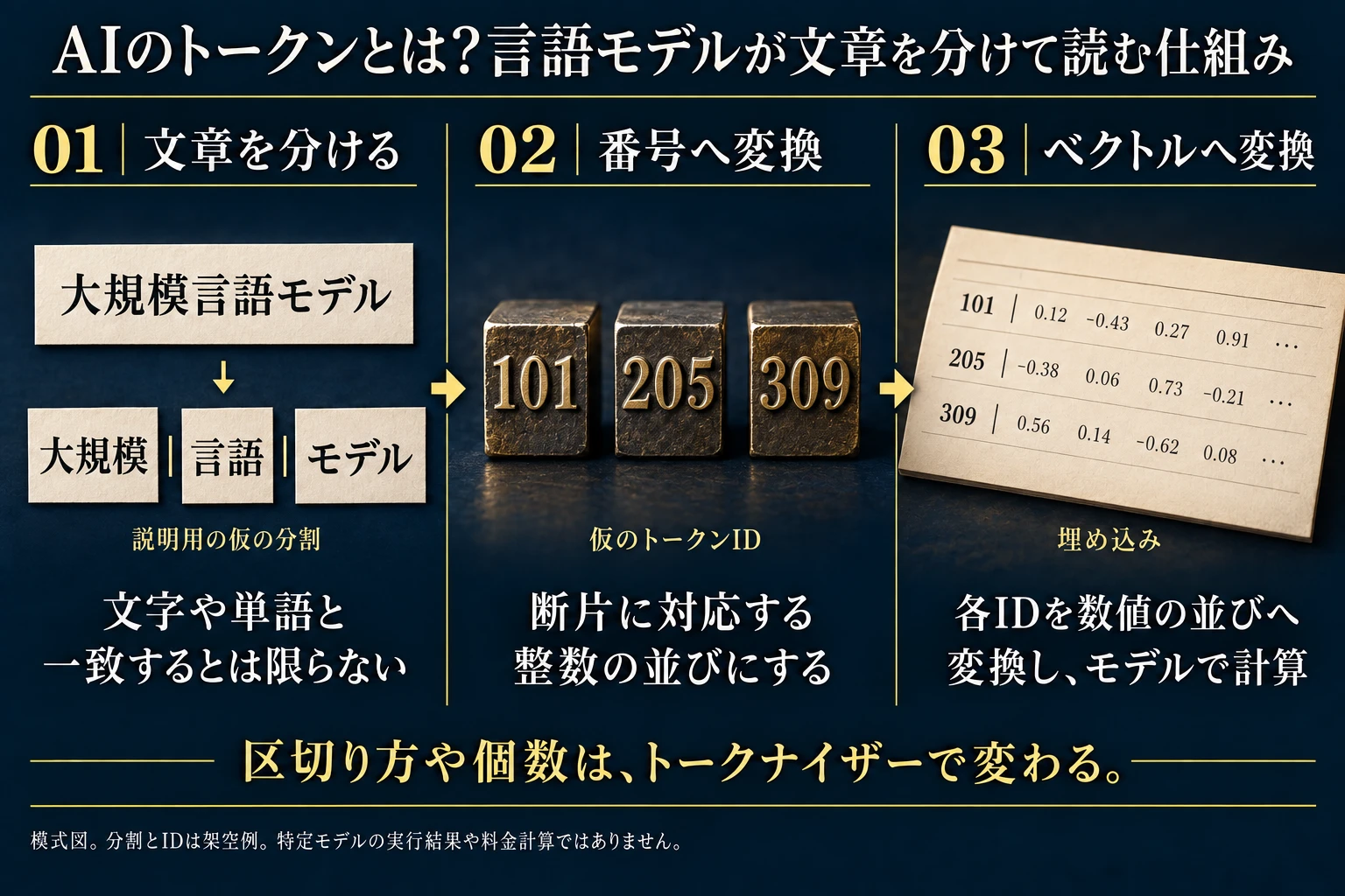 文字列を断片へ分割し整数IDへ変換、埋め込みでベクトル化する流れ。