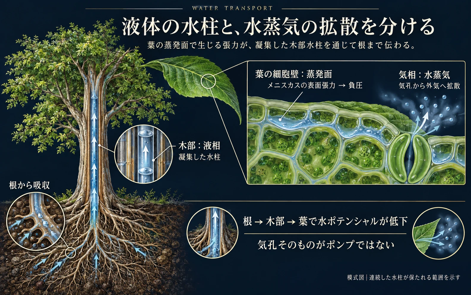 木部から葉へ運ばれた水が蒸発して気孔から出る経路を示す模式図