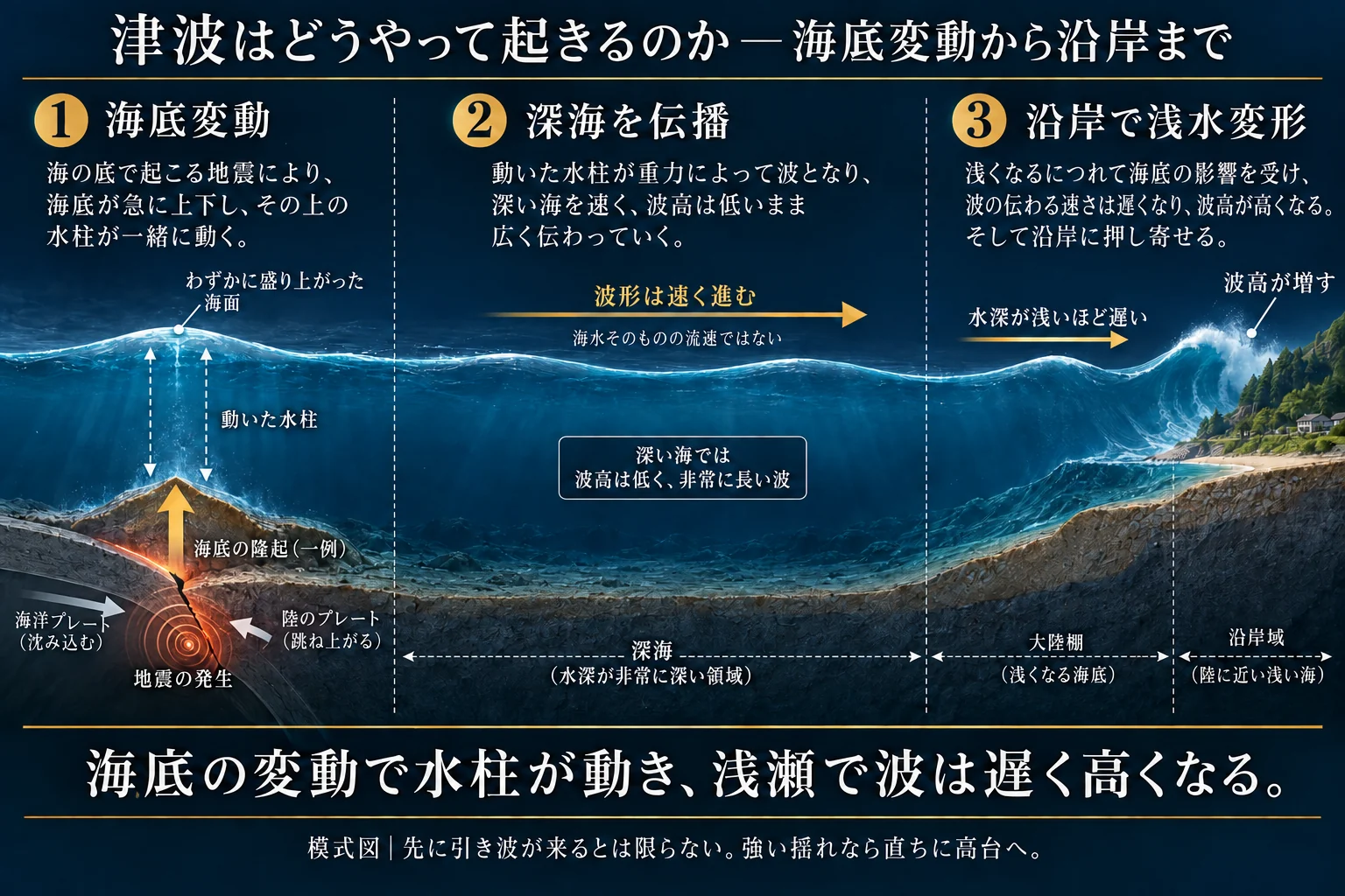 海底隆起の一例、深海の長く低い波、浅海での減速と増幅を、連続断面とモバイル三段で示す。