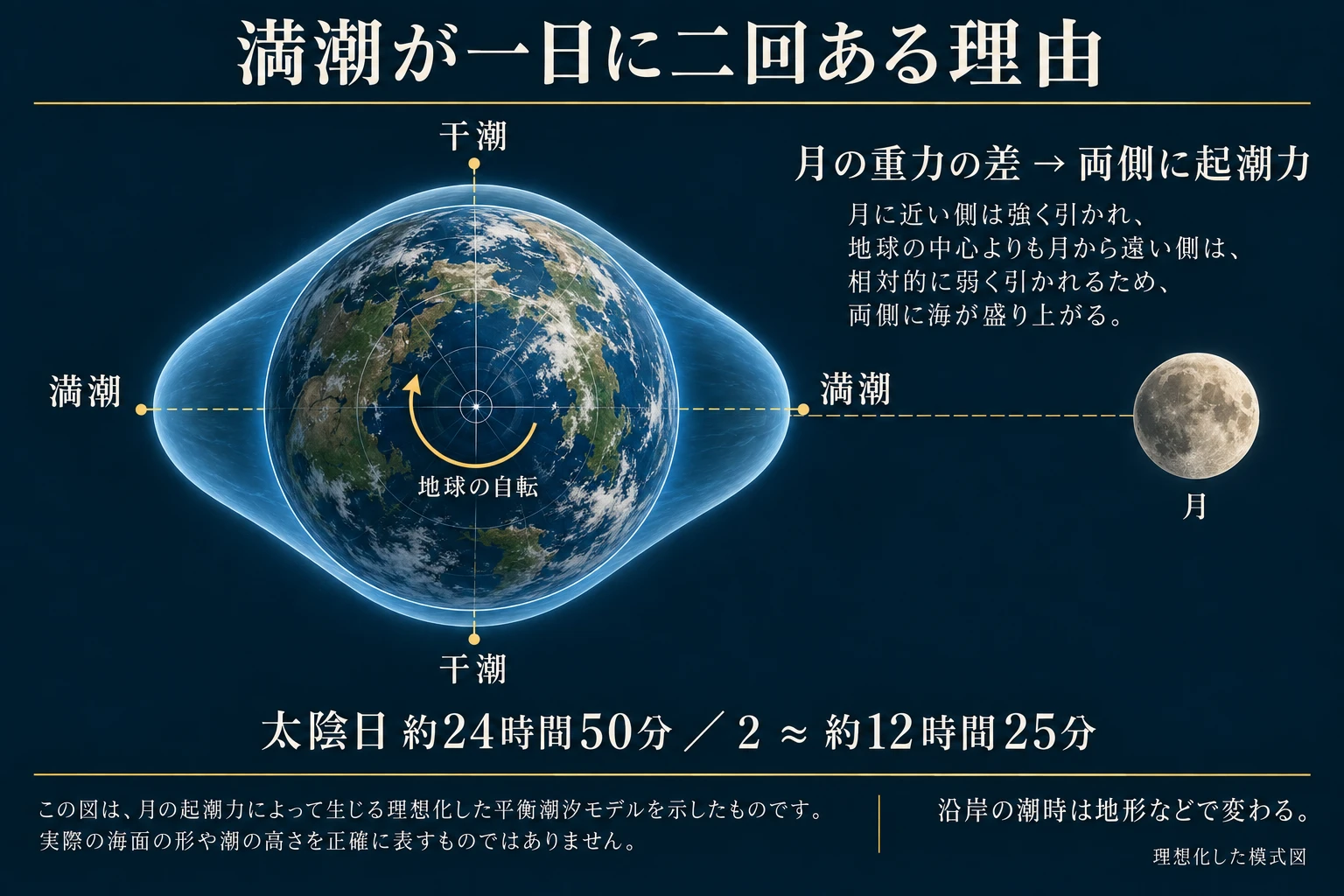 月に対して二つの潮汐の膨らみがあり、地球の回転によって半日周期が生じる理想化した模式図