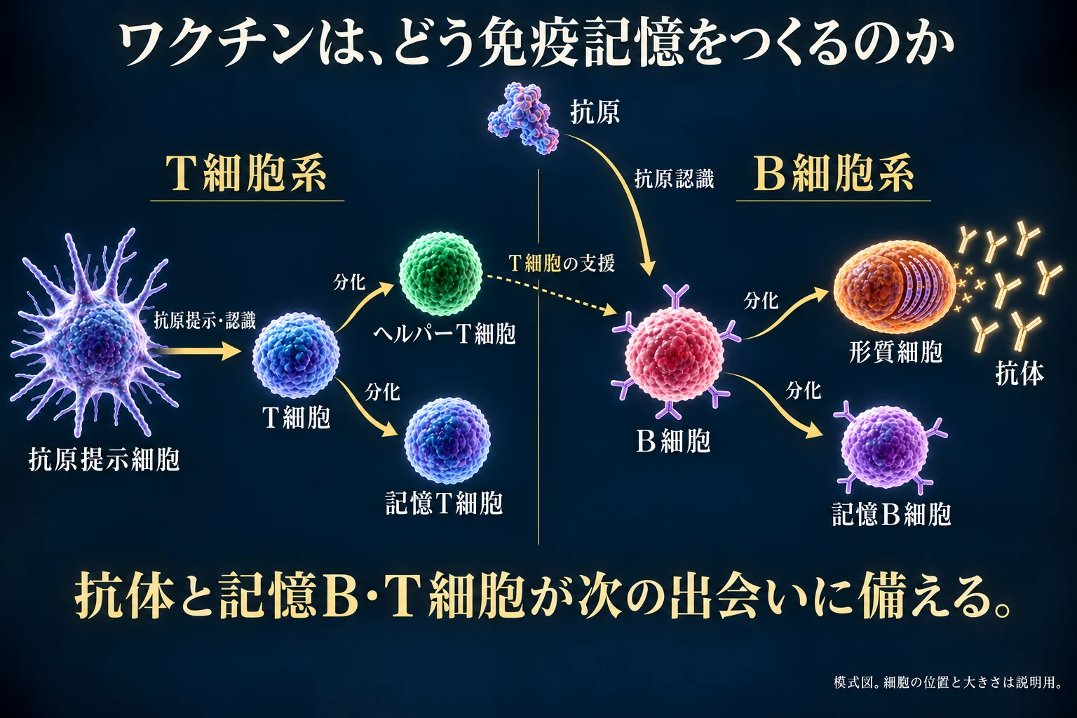 抗原提示を受けるT細胞と抗原を認識するB細胞が別の系譜を保ち協力する模式図