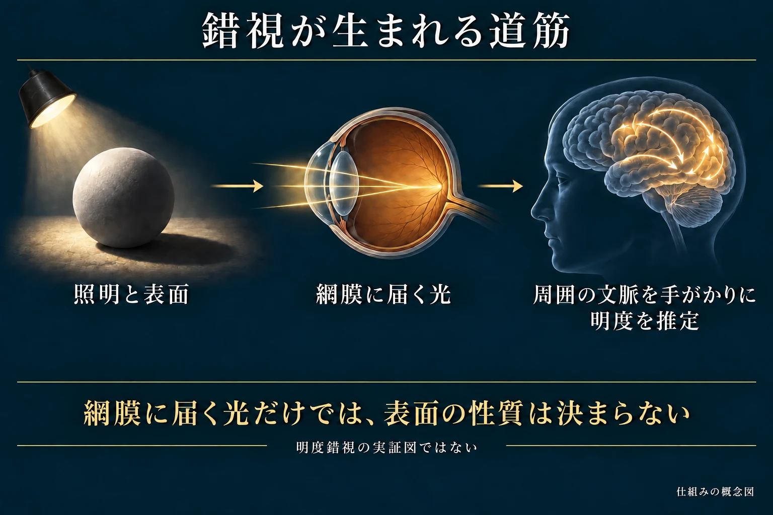 照明と表面からの光が網膜に届き、周囲の文脈を手掛かりに明度を推定する流れを示した概念図