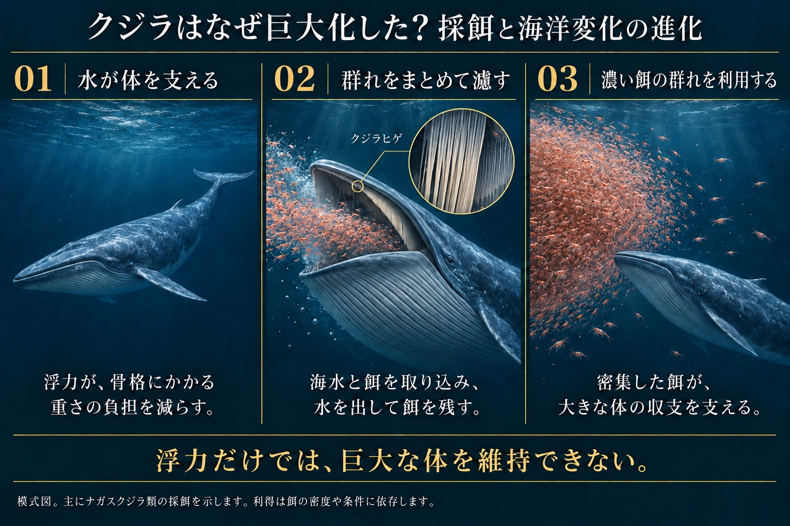 ナガスクジラ類が餌を含む海水を取り込み、クジラヒゲで濾して排水する過程の模式図