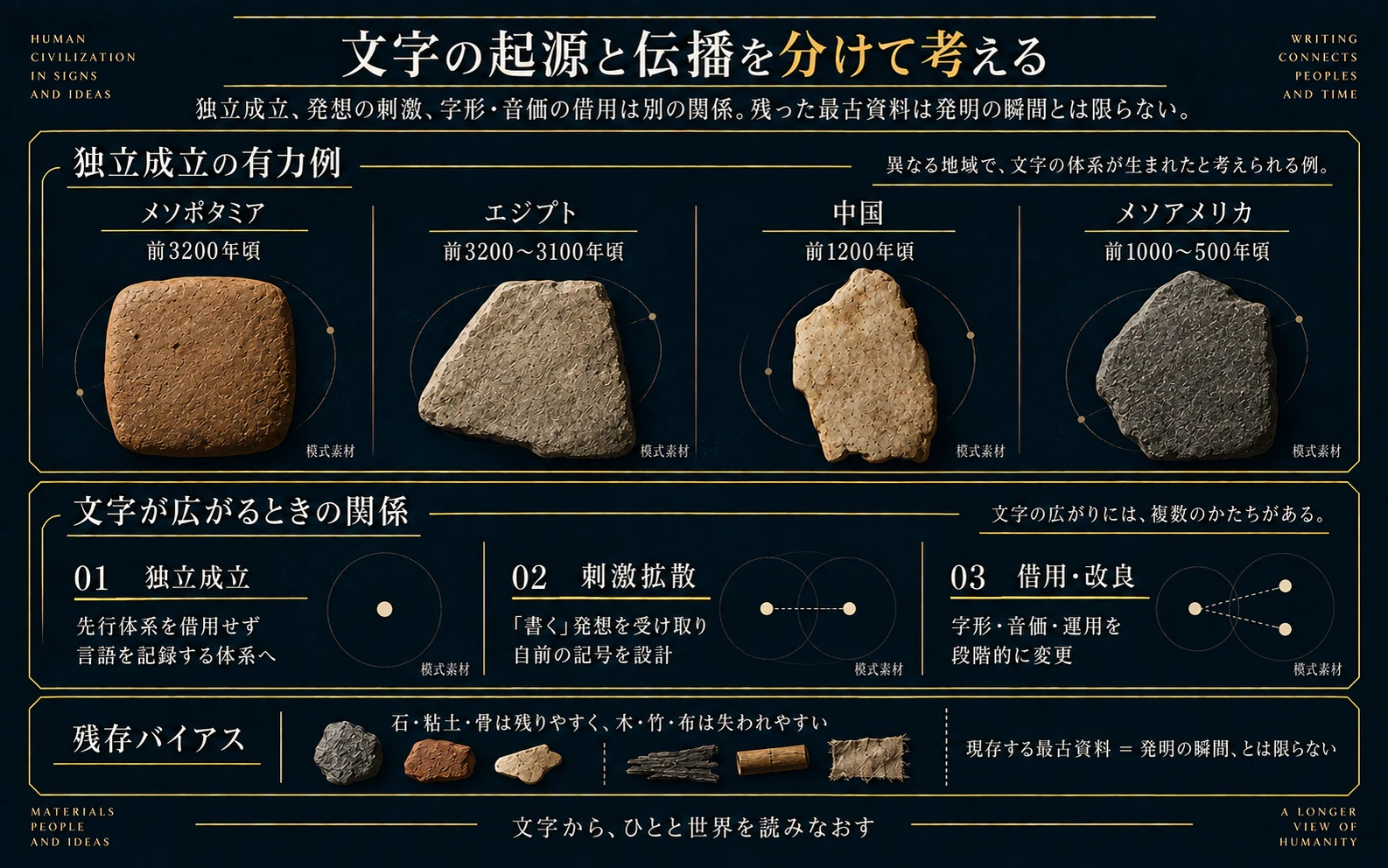独立した文字の成立と発想からの刺激と具体的な文字の借用を区別する模式図