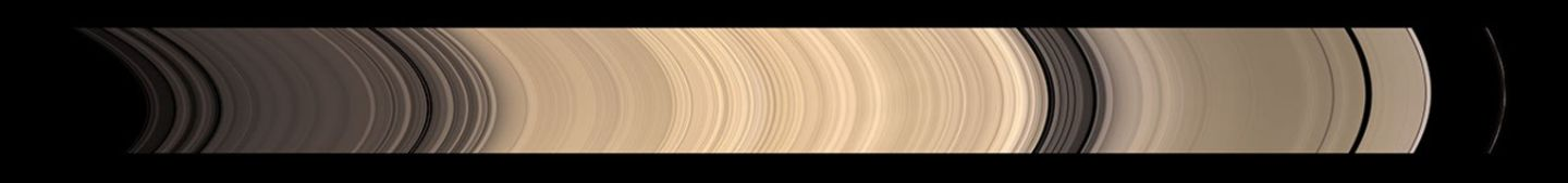 NASAのCassiniが2008年11月26日に撮影した土星環の自然色モザイク。C環、B環、カッシーニの間隙、A環、F環の構造と明暗差を示す観測例。
